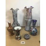 SIX PIECES OF ART GLASS, POSSIBLY MURANO, INCLUDING A MILLEFIORI PAPERWEIGHT, SIMILAR POURING JUG,