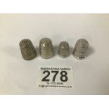 THREE SOLID SILVER THIMBLES AND ANOTHER, 15G