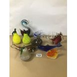 AN ASSORTMENT OF ELEVEN PIECES OF ART GLASS, INCLUDING THREE PEARS, FISH, A BIRD AND MORE