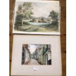 JOHN V EMMS, A 20TH CENTURY BRITISH WATERCOLOUR TITLED KEERE STREET, LEWES SUSSEX, TOGETHER WITH