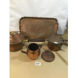 TWO COPPER SAUCEPANS, A POURING JUG AND A TRAY INCLUDING MILITALY, THE TRAY 40CM WIDE