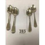 A PAIR OF GEORGE III SILVER TEASPOONS, HALLMARKED LONDON 1810, MAKERS MARK RUBBED, TOGETHER WITH TWO