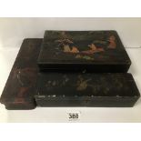 THREE ORIENTAL LACQUERED WOOD BOXES, LARGEST 28CM WIDE