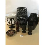 SEVEN PIECES OF BLACK ART GLASS, INCLUDING VASES, DISHES AND A SODA GLASS LARGEST 33CM HIGH