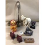 AN ASSORTMENT OF ITEMS, INCLUDING A PAIR OF RESIN DOGS OF FOO, A PAPIER MACHE RUSSIAN DOLL, SILVER