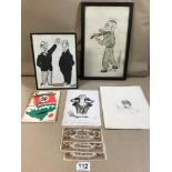 TWO FRAMED CARICATURES OF OLD GENTLEMAN, TOGETHER WITH 'A SWASTICA OVER GUERNSEY BOOK'
