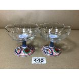A PAIR OF UNUSUAL ORIENTAL CERAMIC AND GLASS DRINKING GLASSES, CHARACTER MARK TO BASE, 8.5CM HIGH