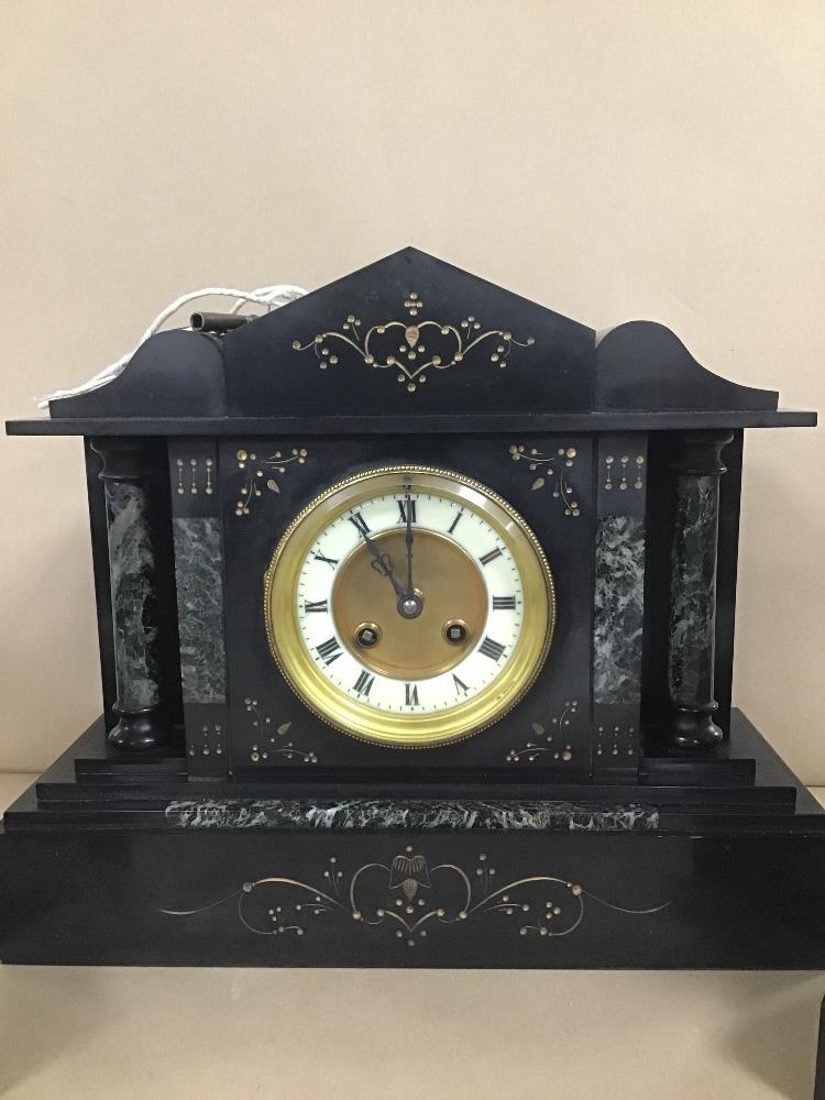 A EARLY 20TH CENTURY SLATE MANTLE CLOCK WITH GARNITURE COMES WITH PENDULUM AND KEY - Image 2 of 5