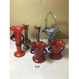 SIX PIECES OF MURANO ART GLASS, INCLUDING VASES AND A HANDLED VASE, 27.5CM HIGH