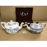 TWO LATE 19TH CENTURY BLUE AND WHITE TEA POTS ONE DRESDEN ( OPAQUE CHINA ) ALSO A PHILIPE BOXED