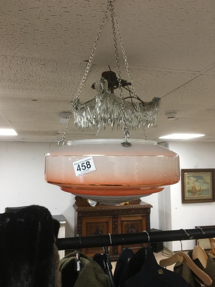 A 1950/60'S GLASS LIGHT SHADE WITH CHAINS