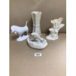 A ROYAL DUX BULL 13 CM BELLEEK FISH WITH TWO BELLEEK VASES LARGEST 20 CM