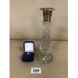 A HALLMARKED SILVER AND CRYSTAL GLASS CANDLESTICK WITH A SILVER CHAIN AND ENAMEL PENDANT ALSO SILVER