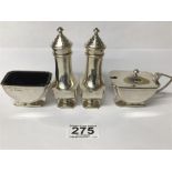 AN ART DECO SILVER FOUR PIECE CONDIMENT SET, TWO WITH GLASS LINERS, HALLMARKED BIRMINGHAM 1948 BY