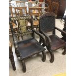 TWO 19TH CENTURY AFRICAN HARDWOOD AND IRON BOUND CEREMONIAL CHAIRS POSSIBLY NGUNDJA