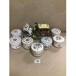SEVEN VINTAGE LIDDED POTS BY SADLER WITH A CERAMIC / CHINA HORSE AND CARRIAGE