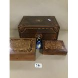 A DECORATIVE LATE 19TH CENTURY LOCKABLE INLAID BOX WITH TWO OTHERS