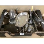 A BOX OF MAINLY SILVER PLATED ITEMS INCLUDING TEA POT AND CANDLESTICK