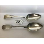 TWO GEORGIAN SILVER TABLE SPOONS WITH RAT TAIL HANDLES, THE EARLIEST OF WHICH HALLMARKED LONDON 1817