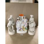 TWO PARIAN WARE FIGURES IN VICTORIAN CLOTHING WITH AN EARLY FLAT BACK STAFFORDSHIRE FIGURE