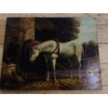 A BRIAN OPSRAL UNFRAMED OIL ON WOODEN PANEL, STABLE INTERIOR WITH HORSES, SIGNED 40 X 52CMS