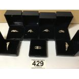 SEVEN MODERN SILVER RINGS, SOME GEM SET, ALL BOXED, 10G
