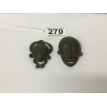TWO SMALL BENIN STYLE BRONZE MASKS, LARGEST 6CM BY 3.5CM