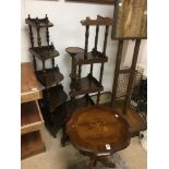 TWO WOODEN WHATNOTS, A BARLEY TWIST POT STAND AND AN OCCASIONAL TABLE