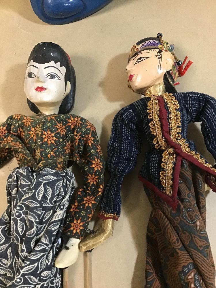 TWO ASIAN PAINTED WOOD PUPPETS OF LADIES IN TRADITIONAL DRESS, TOGETHER WITH A WOODEN POND YACHT - Image 2 of 3