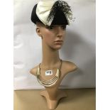 A VINTAGE TABLE TOP MANNEQUIN WITH DETAILED HEAD, WEARING A LADIES HAT