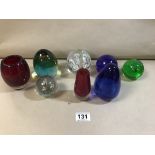 SIX ART GLASS PAPERWEIGHTS TOGETHER WITH TWO SIMILAR SMALL GLASS VASES