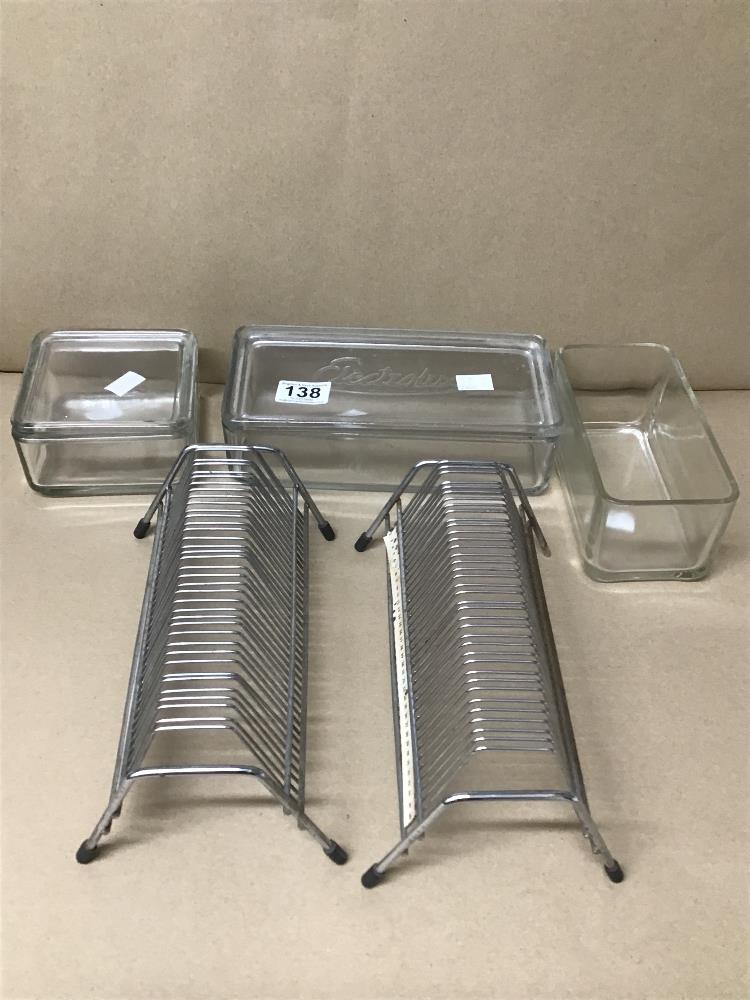 VINTAGE ITEMS INCLUDING A HEAVY ELECTROLUX BUTTER DISH ALSO A TWO CHROME 7 INCH SINGLE RACKS