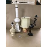 THREE VINTAGE LAMPS WITH A BRONZE STORK HOLDING A FISH CANDLESTICK