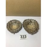 TWO LATE VICTORIAN SMALL SILVER BON BON DISHES WITH PIERCED DECORATION THROUGHOUT, EACH RAISED