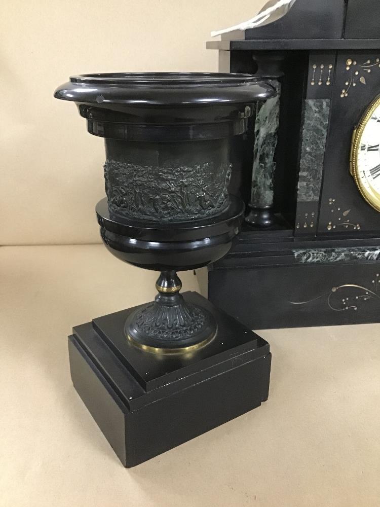 A EARLY 20TH CENTURY SLATE MANTLE CLOCK WITH GARNITURE COMES WITH PENDULUM AND KEY - Image 3 of 5