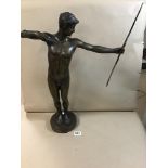 A LARGE BRONZED FIGURE OF A NEOCLASSICAL MALE ARCHER IN THE NUDE, 63CM HIGH