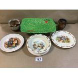 A GROUP OF CERAMICS, INCLUDING TWO SMALL ROYAL DOULTON VASES, A BESWICK LEAF DISH ON RAISED BASE AND