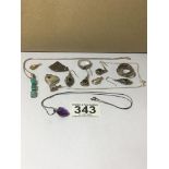 A SMALL ASSORTMENT OF SILVER JEWELLERY, INCLUDING NECKLACES, TRIPLE RING AND MORE, ALSO INCLUDING
