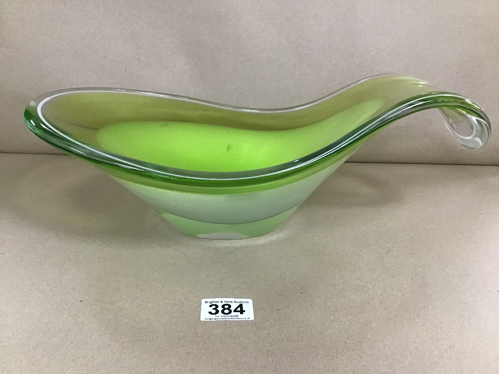 A LARGE FLYGSFORS ELONGATED ART GLASS GREEN BOWL