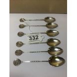 A SET OF SIX SILVER TEASPOONS WITH PEOPLE PLAYING BOWLES FINIAL TO THE TOP, HALLMARKED BIRMINGHAM