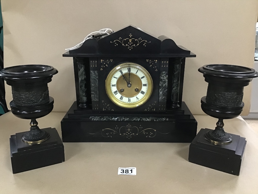 A EARLY 20TH CENTURY SLATE MANTLE CLOCK WITH GARNITURE COMES WITH PENDULUM AND KEY