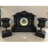 A EARLY 20TH CENTURY SLATE MANTLE CLOCK WITH GARNITURE COMES WITH PENDULUM AND KEY