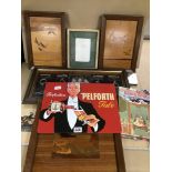 A BOX OF ITEMS INCLUDING THREE A.H.MCINTOSH WOODEN WALL PLAQUES AND TWO SILK EMBROIDERY PICTURES