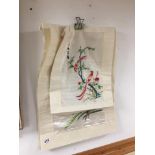 THREE JAPENESE ORIENTAL UNFRAMED EMBROIDERIES ON SILK OF BIRDS AND FLOWERS, LARGEST 70 X 51CMS