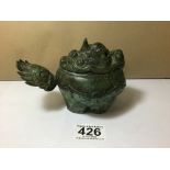 AN ORIENTAL LIDDED BRONZE INCENSE BURNER IN THE FORM OF A DRAGON, MARKED TO THE BASE OF THE FEET,