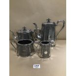 A VICTORIAN SILVER PLATED AND ENGRAVED FOUR PIECE TEA AND COFFEE SERVICE BY WALKER AND HALL