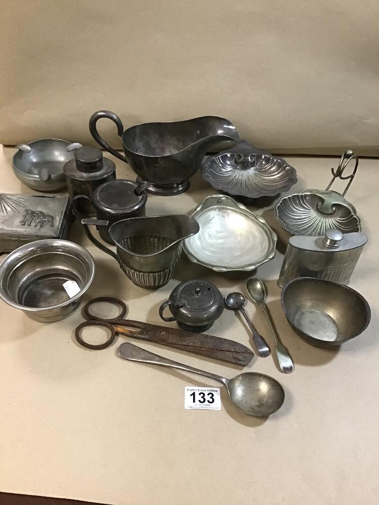 AN ASSORTMENT OF SILVER PLATED ITEMS, INCLUDING TEA CANNISTER, LARGE SAUCE BOAT BY WALKER AND HALL