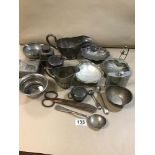 AN ASSORTMENT OF SILVER PLATED ITEMS, INCLUDING TEA CANNISTER, LARGE SAUCE BOAT BY WALKER AND HALL