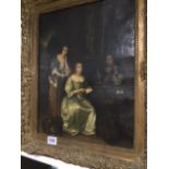 A UNSIGNED CLASSICAL OIL ON CANVAS OF PEOPLE IN PERIOD DRESS IN A HEAVY GILDED FRAME 62 X 52 CM