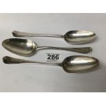 SET OF THREE GEORGE 11 HALLMARKED SILVER TABLE SPOONS 20 CM 198 GRAMS